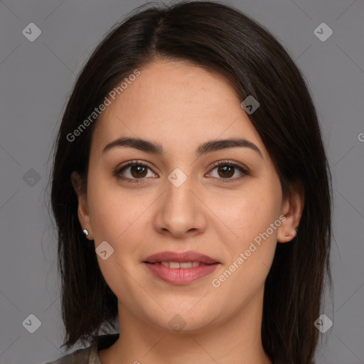 Joyful white young-adult female with medium  brown hair and brown eyes