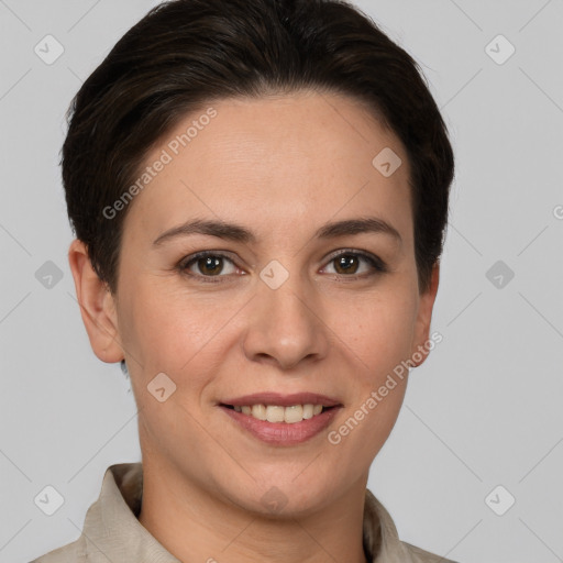 Joyful white young-adult female with short  brown hair and brown eyes