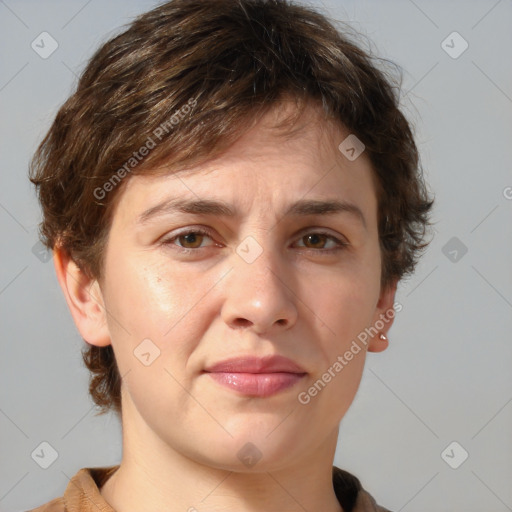 Joyful white young-adult male with medium  brown hair and brown eyes