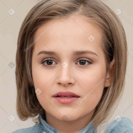 Joyful white child female with medium  brown hair and brown eyes