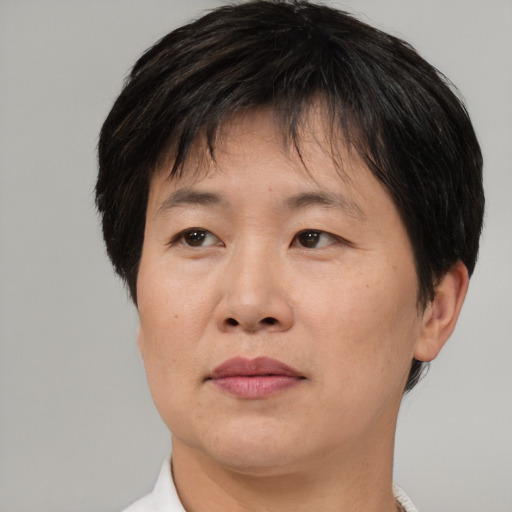 Neutral asian adult male with short  brown hair and brown eyes