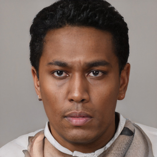 Neutral latino young-adult male with short  black hair and brown eyes