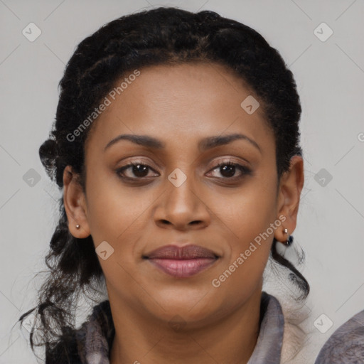 Joyful black young-adult female with medium  black hair and brown eyes