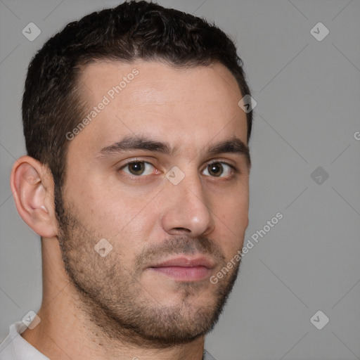 Neutral white young-adult male with short  brown hair and brown eyes