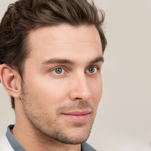 Neutral white young-adult male with short  brown hair and grey eyes