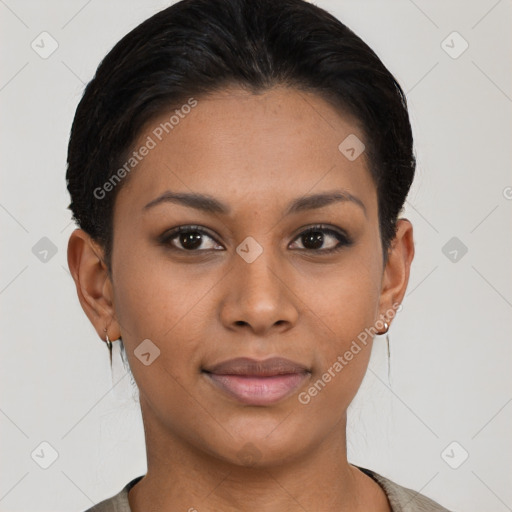 Joyful asian young-adult female with short  brown hair and brown eyes