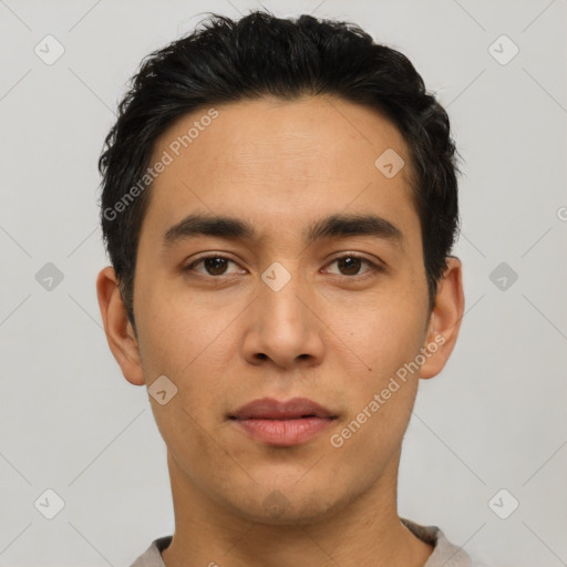 Neutral latino young-adult male with short  black hair and brown eyes