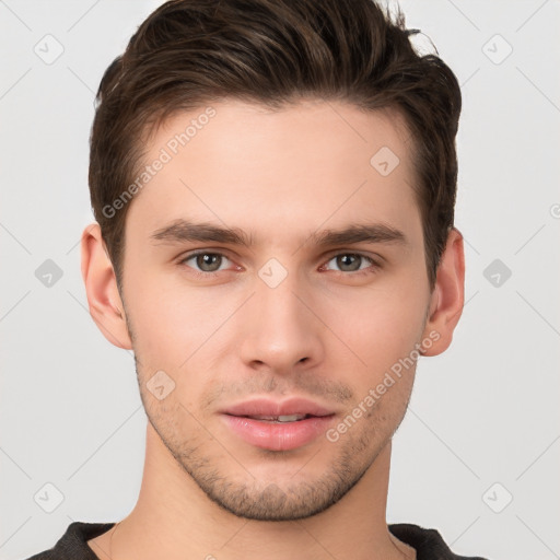 Neutral white young-adult male with short  brown hair and brown eyes