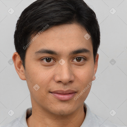 Joyful latino young-adult male with short  brown hair and brown eyes