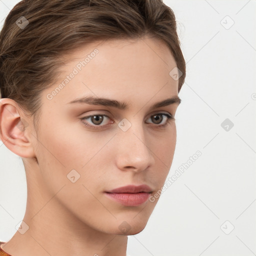 Neutral white young-adult female with short  brown hair and brown eyes