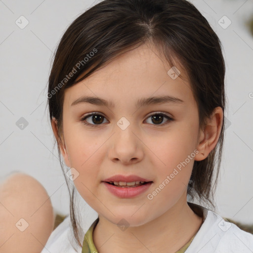 Joyful white child female with medium  brown hair and brown eyes