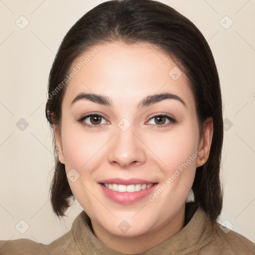 Joyful white young-adult female with medium  brown hair and brown eyes