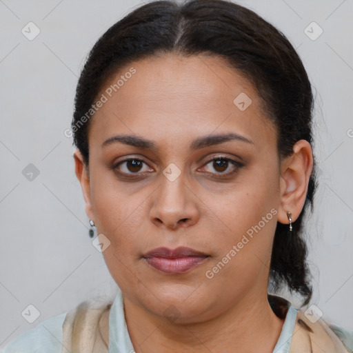 Neutral latino young-adult female with short  brown hair and brown eyes