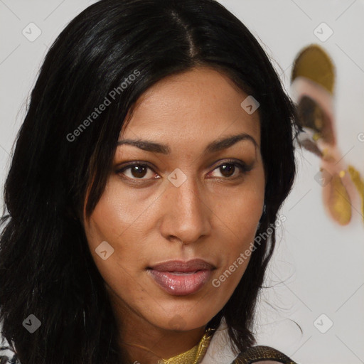 Joyful asian young-adult female with medium  black hair and brown eyes