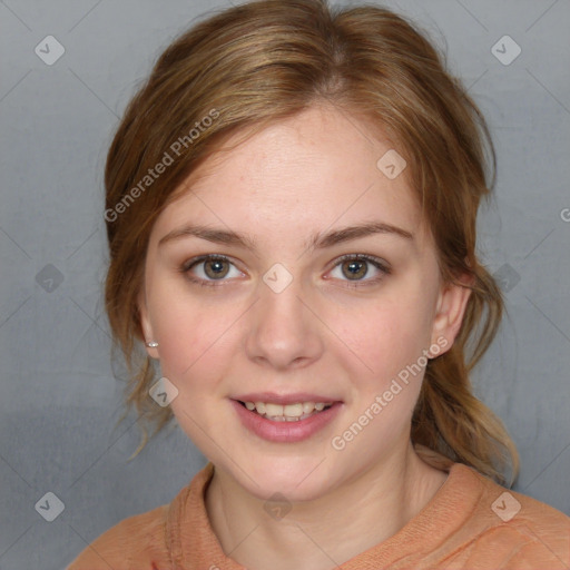 Joyful white young-adult female with medium  brown hair and blue eyes