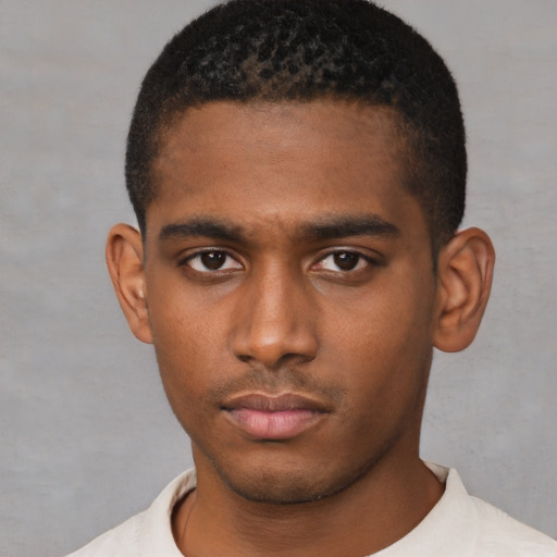 Neutral black young-adult male with short  black hair and brown eyes