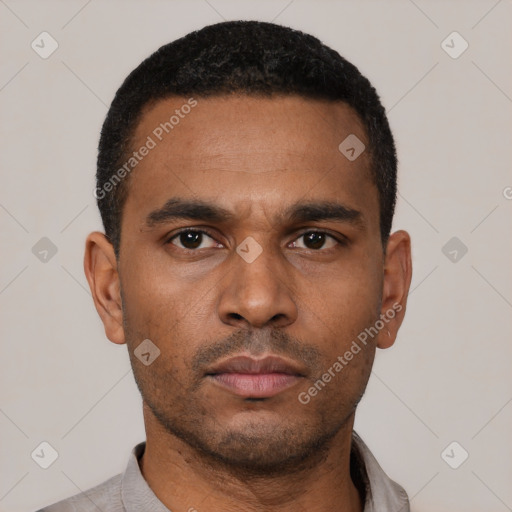 Neutral latino young-adult male with short  black hair and brown eyes