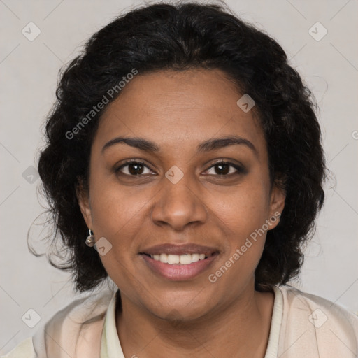 Joyful black young-adult female with medium  brown hair and brown eyes