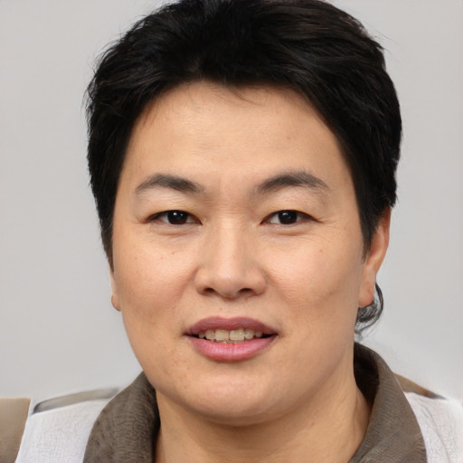 Joyful asian adult female with short  brown hair and brown eyes