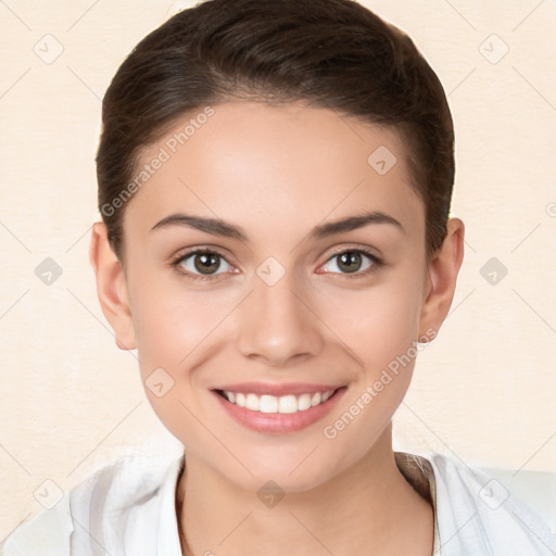 Joyful white young-adult female with short  brown hair and brown eyes