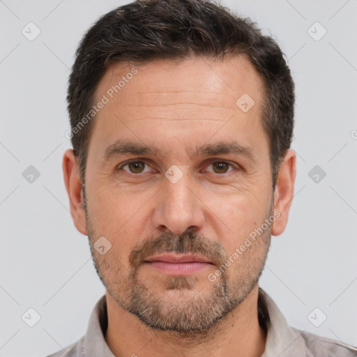 Neutral white adult male with short  brown hair and brown eyes