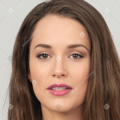 Neutral white young-adult female with long  brown hair and brown eyes