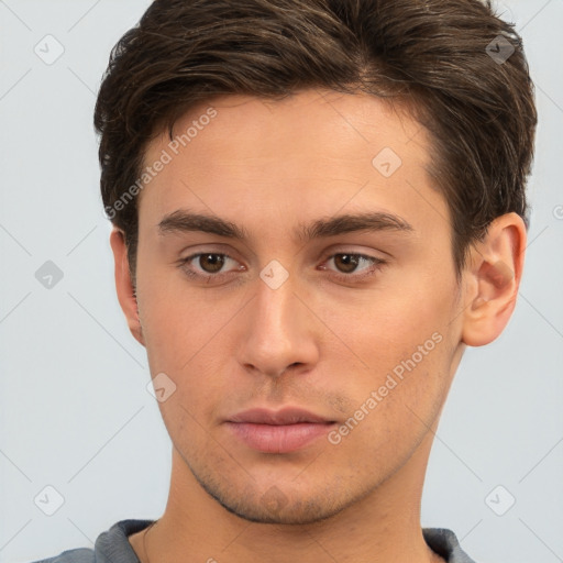 Neutral white young-adult male with short  brown hair and brown eyes