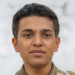 Joyful latino young-adult male with short  brown hair and brown eyes