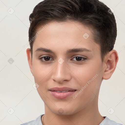 Joyful white young-adult female with short  brown hair and brown eyes