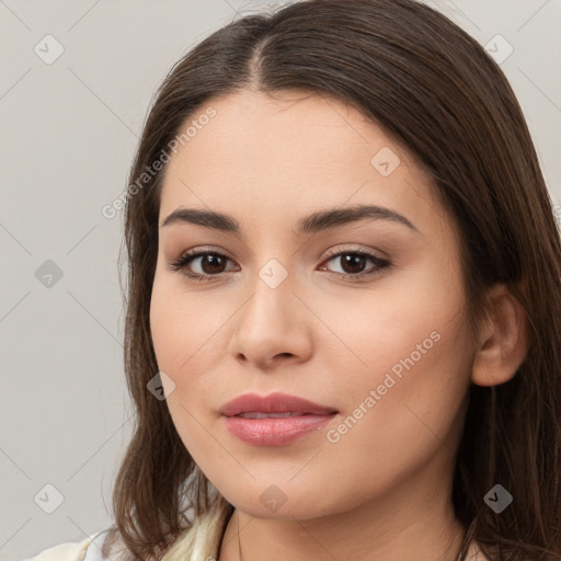 Neutral white young-adult female with long  brown hair and brown eyes