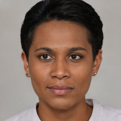 Neutral asian young-adult female with short  black hair and brown eyes