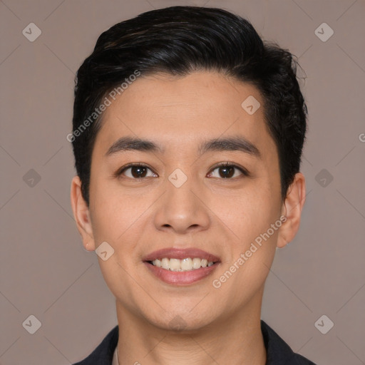 Joyful white young-adult male with short  black hair and brown eyes