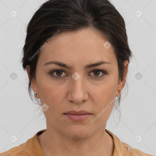 Neutral white young-adult female with medium  brown hair and brown eyes