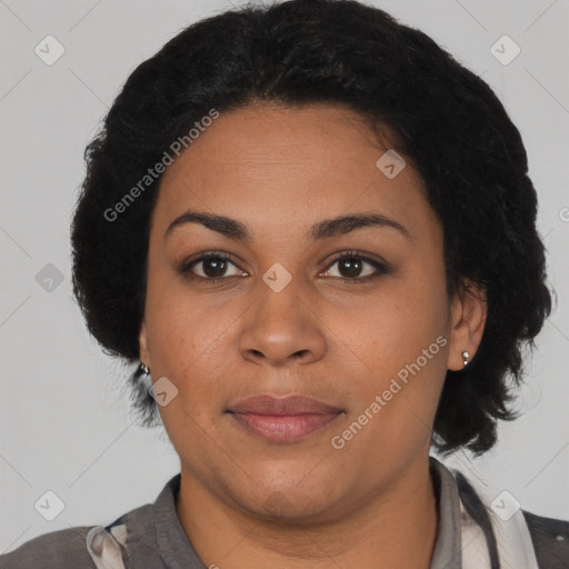 Joyful latino young-adult female with medium  black hair and brown eyes