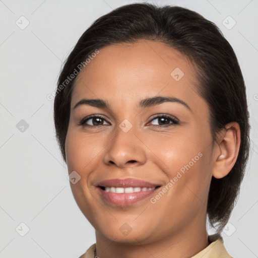 Joyful white young-adult female with medium  brown hair and brown eyes