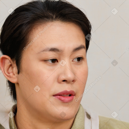 Neutral white young-adult female with medium  brown hair and brown eyes