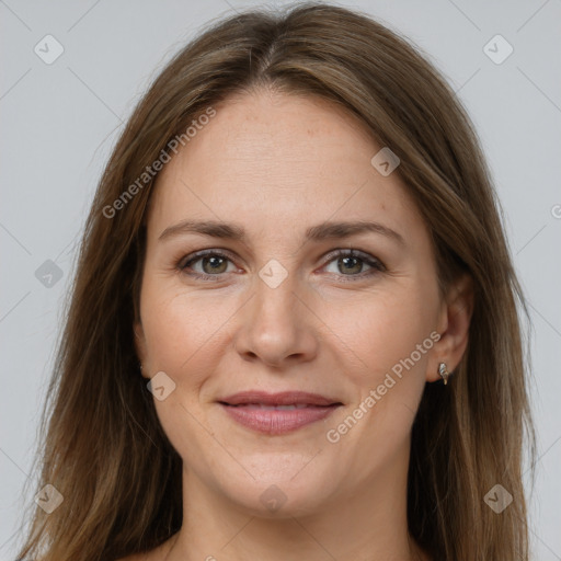 Joyful white young-adult female with long  brown hair and grey eyes