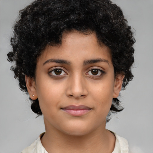 Joyful latino young-adult female with medium  black hair and brown eyes