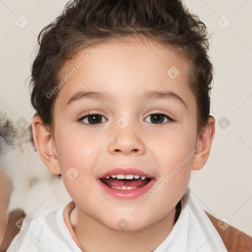 Joyful white child female with short  brown hair and brown eyes