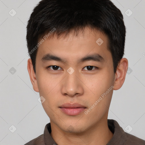 Neutral asian young-adult male with short  brown hair and brown eyes