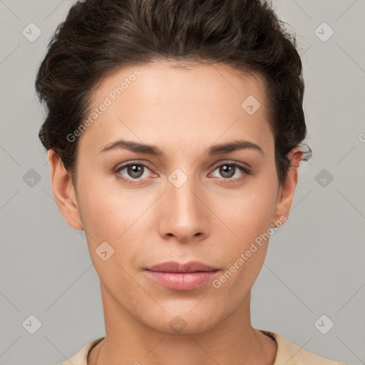 Neutral white young-adult female with short  brown hair and brown eyes