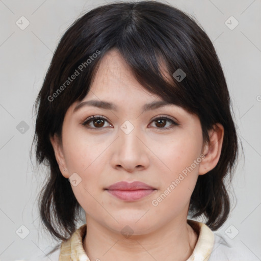 Neutral white young-adult female with medium  brown hair and brown eyes