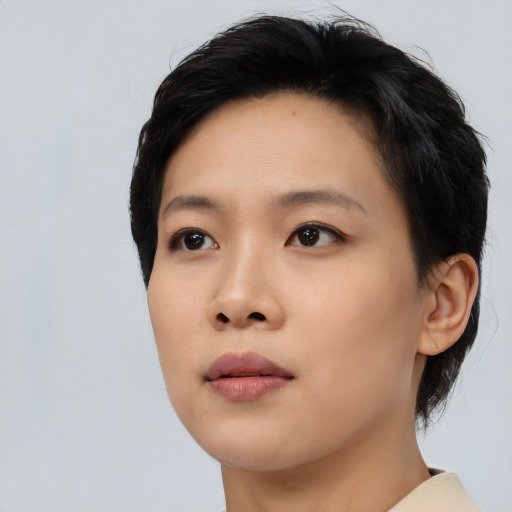 Neutral asian young-adult female with medium  black hair and brown eyes