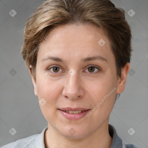 Joyful white adult female with short  brown hair and brown eyes