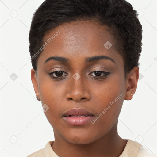 Neutral black young-adult female with short  brown hair and brown eyes