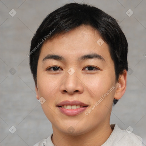 Joyful asian young-adult female with short  brown hair and brown eyes