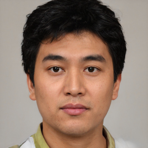 Neutral asian young-adult male with short  black hair and brown eyes
