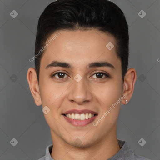 Joyful white young-adult male with short  brown hair and brown eyes