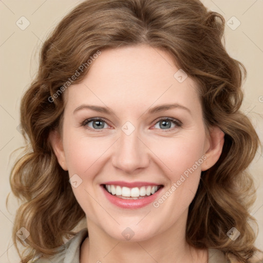 Joyful white young-adult female with medium  brown hair and green eyes