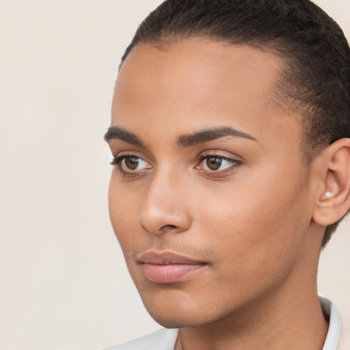 Neutral white young-adult female with short  brown hair and brown eyes